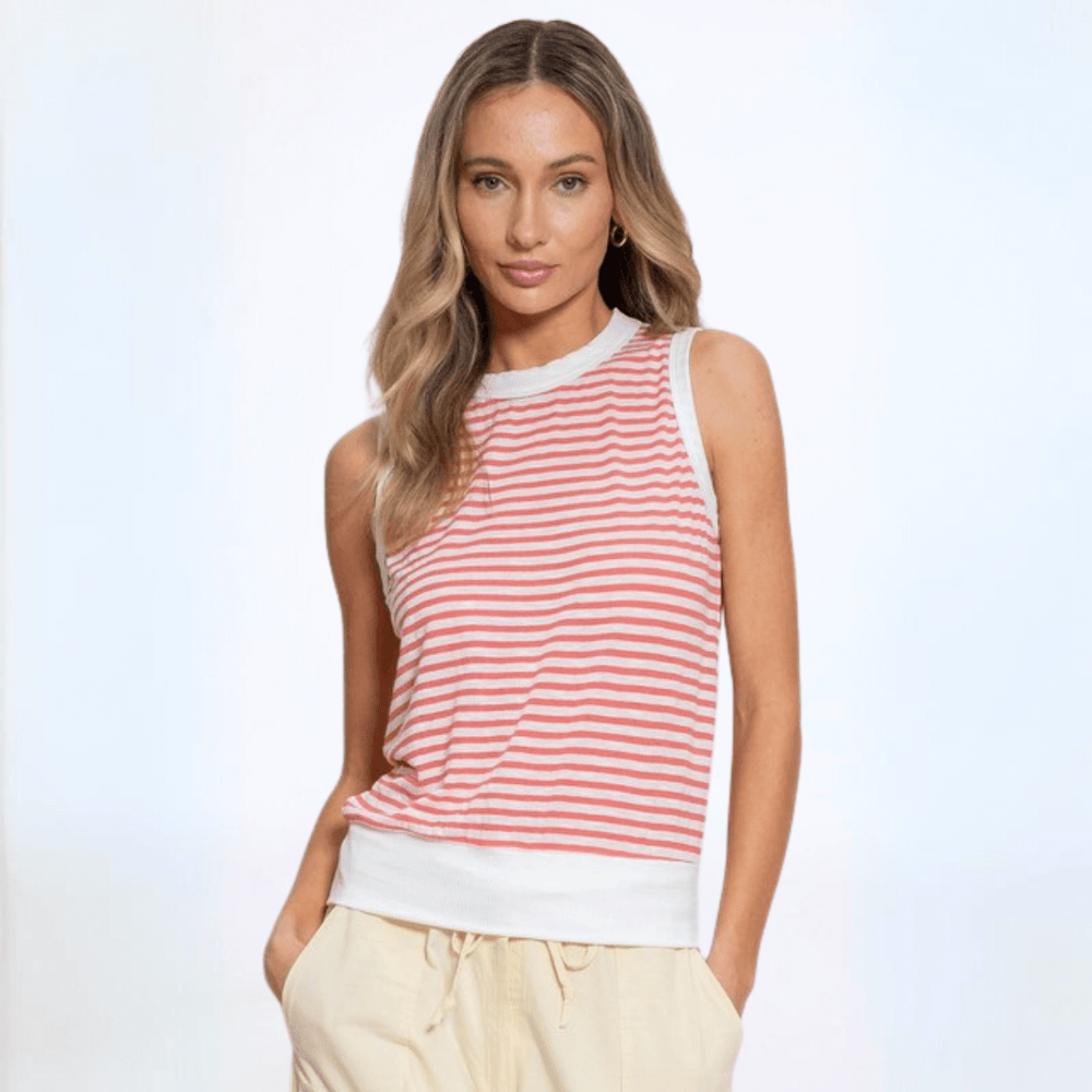 USA Made Women's Semi-Sheer Fitted Cute Striped Tank Top with Contrast Banded Neck & Hem, Very Lightweight in Coral | Classy Cozy Cool Made in America Boutique