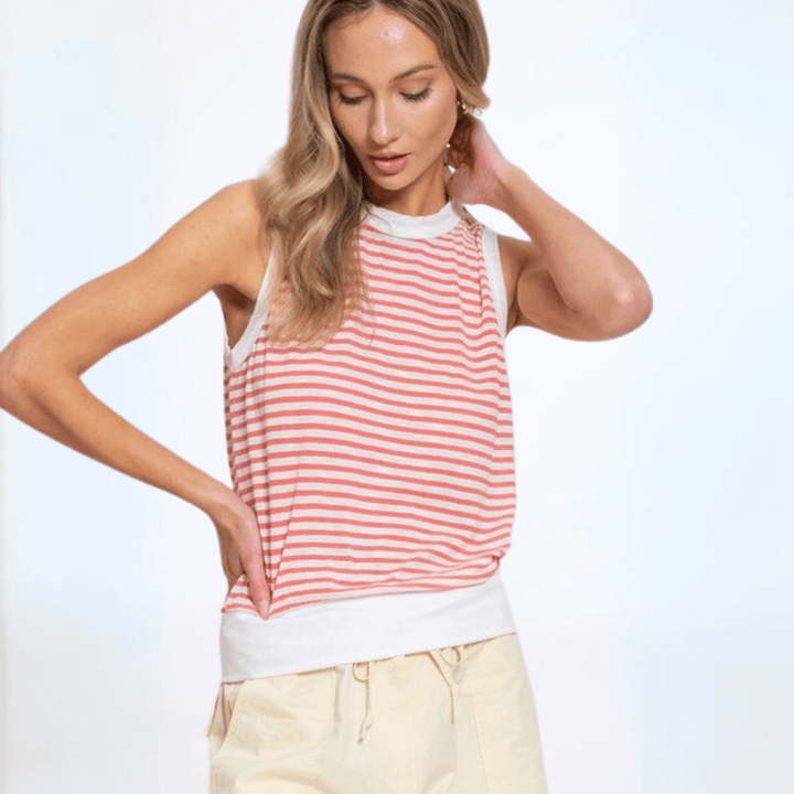 USA Made Women's Semi-Sheer Fitted Cute Striped Tank Top with Contrast Banded Neck & Hem, Very Lightweight in Coral | Classy Cozy Cool Made in America Boutique