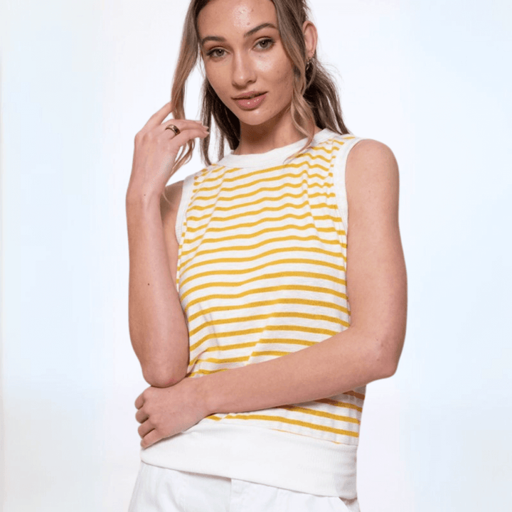 USA Made Women's Semi-Sheer Fitted Cute Striped Tank Top with Contrast Banded Neck & Hem, Very Lightweight in Yellow | Classy Cozy Cool Made in America Boutique