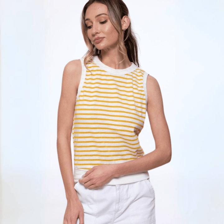 USA Made Women's Semi-Sheer Fitted Cute Striped Tank Top with Contrast Banded Neck & Hem, Very Lightweight in Yellow | Classy Cozy Cool Made in America Boutique