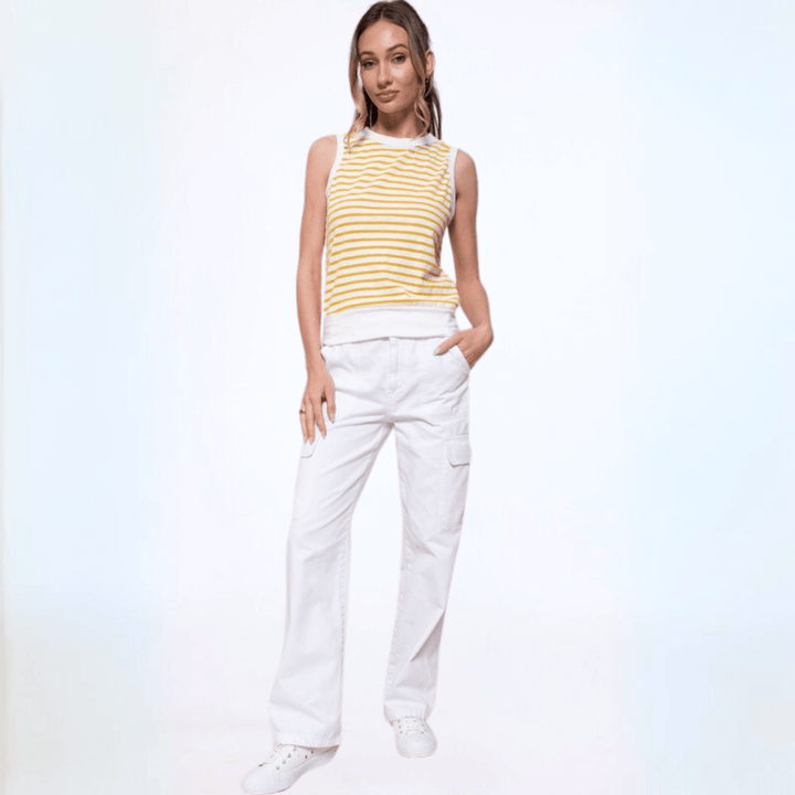 USA Made Women's Semi-Sheer Fitted Cute Striped Tank Top with Contrast Banded Neck & Hem, Very Lightweight in Yellow | Classy Cozy Cool Made in America Boutique
