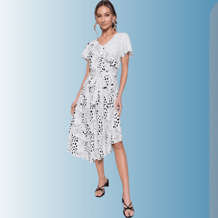 Women's Feminine V-Neck Black and White Polka Dot Midi Dress, Flutter Short Sleeves, Ruffle Front Detail, Belt Waistline, Asymmetrical Hem | Made in USA