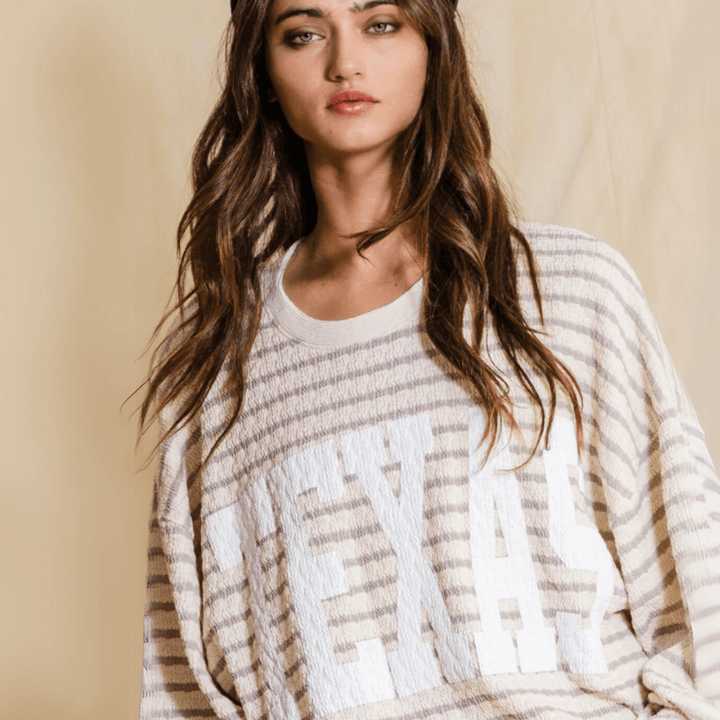 Made in USA Textured "TEXAS" Graphic Oversized Game Day Textured Sweatshirt with Crew Neck and Long Sleeves in Black or Pink with Cream Stripes | Bucket List Style T1770