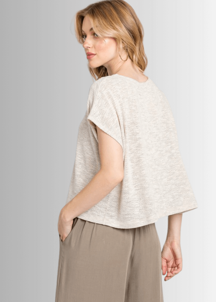 Made in USA Women's Loosely Woven Knit Boxy Top in Oatmeal, Round Neck, Loose Fit, Shorter Waist Length, 68% Polyester 28% Rayon 4% Spandex  | Classy Cozy Cool Made in America Boutique