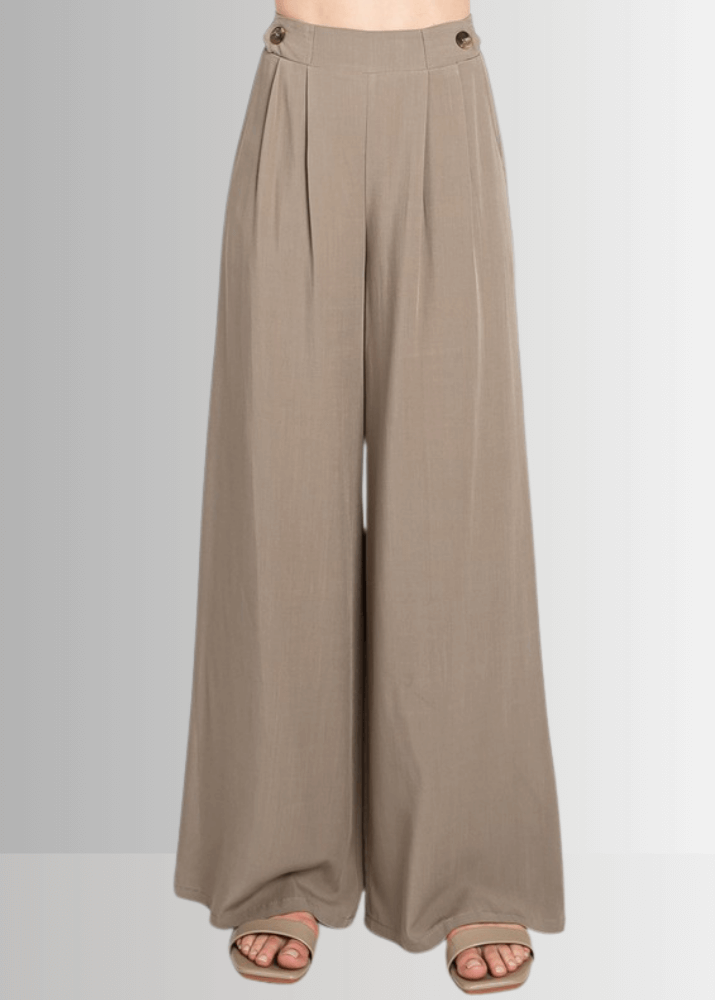 Made in USA Women's Wide Leg Dress Pants with Side Button Detail on Waist, Loose Fit Elastic Waist ,High Waist, Side Pockets in Khaki Olive, 100% Rayon Hatch  | Classy Cozy Cool Made in America Boutique