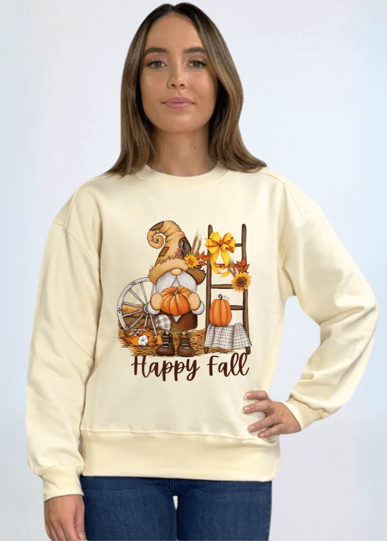 Made in USA Women's Cream Crew Neck Fleece Sweatshirt with Happy Fall Nome Graphic, Heavyweight Cotton Fleece, Drop Shoulder, Relaxed Fit | Classy Cozy Cool Made in America Boutique