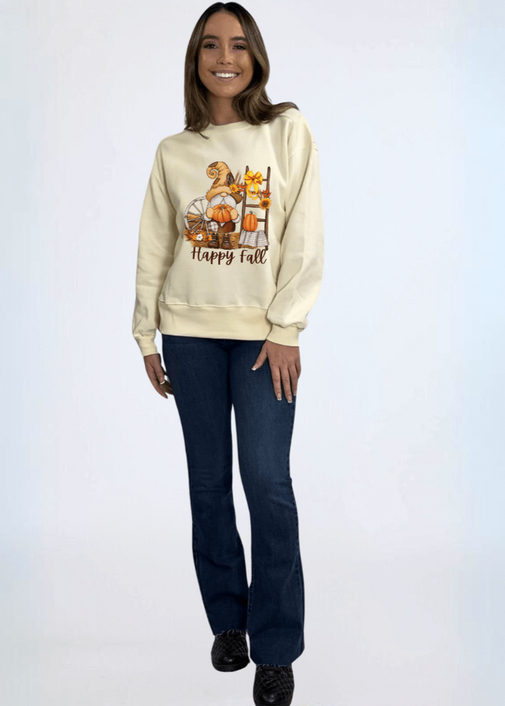 Made in USA Women's Cream Crew Neck Fleece Sweatshirt with Happy Fall Nome Graphic, Heavyweight Cotton Fleece, Drop Shoulder, Relaxed Fit | Classy Cozy Cool Made in America Boutique