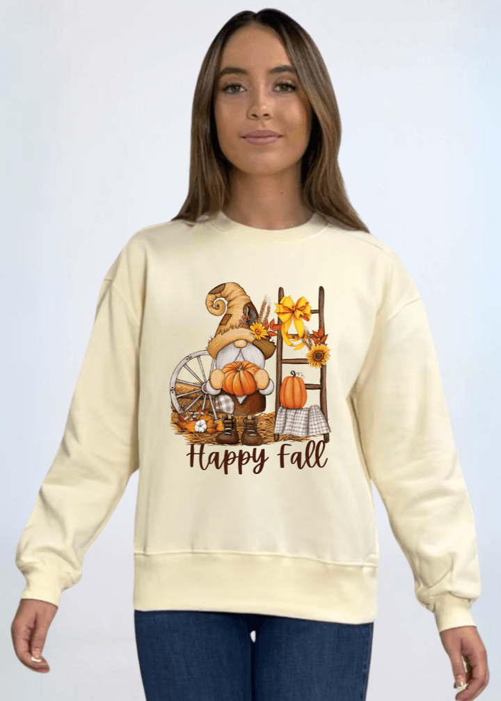 Made in USA Women's Cream Crew Neck Fleece Sweatshirt with Happy Fall Nome Graphic, Heavyweight Cotton Fleece, Drop Shoulder, Relaxed Fit | Classy Cozy Cool Made in America Boutique