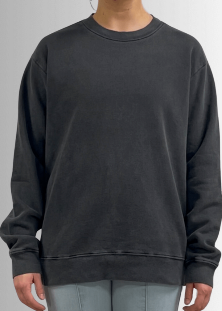 Made in USA Women's Heavyweight Pigment Dyed Cotton Fleece Sweatshirt in Washed Black | Classy Cozy Cool Made in America Boutique