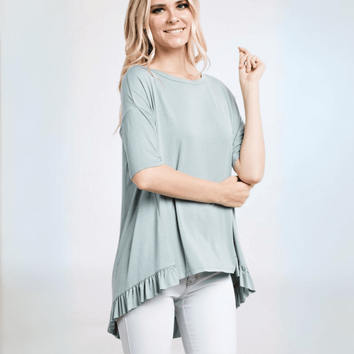 Made in USA Women's Bamboo Ruffle Hem Short Sleeve High Low Tunic Top with Boat Neckline in Light Sage | Classy Cozy Cool Made in America Boutique
