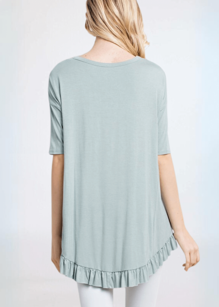 Made in USA Women's Bamboo Ruffle Hem Short Sleeve High Low Tunic Top with Boat Neckline in Light Sage | Classy Cozy Cool Made in America Boutique