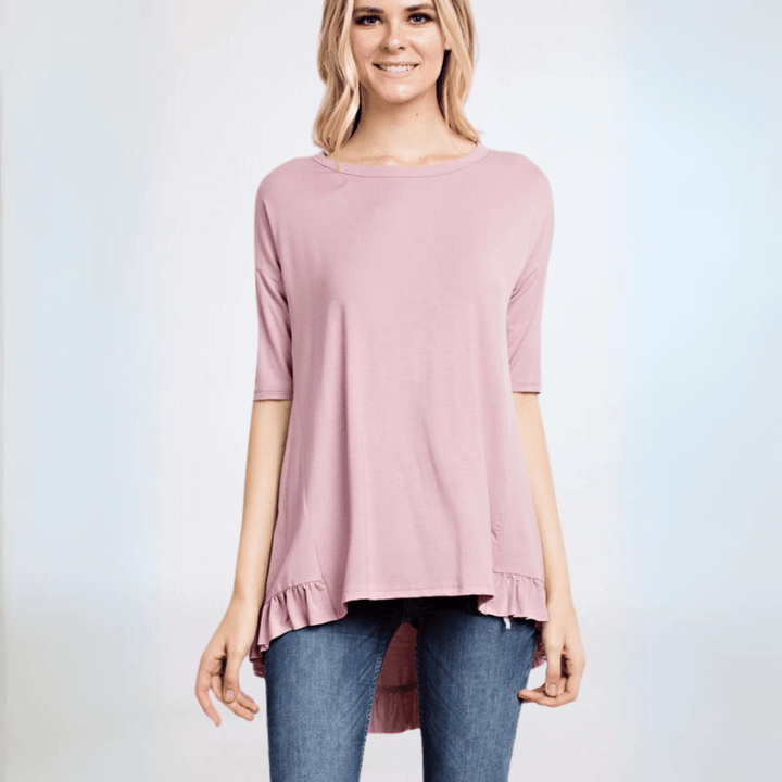 Made in USA Women's Bamboo Ruffle Hem Short Sleeve High Low Tunic Top with Boat Neckline in Dusty Rose | Classy Cozy Cool Made in America Boutique