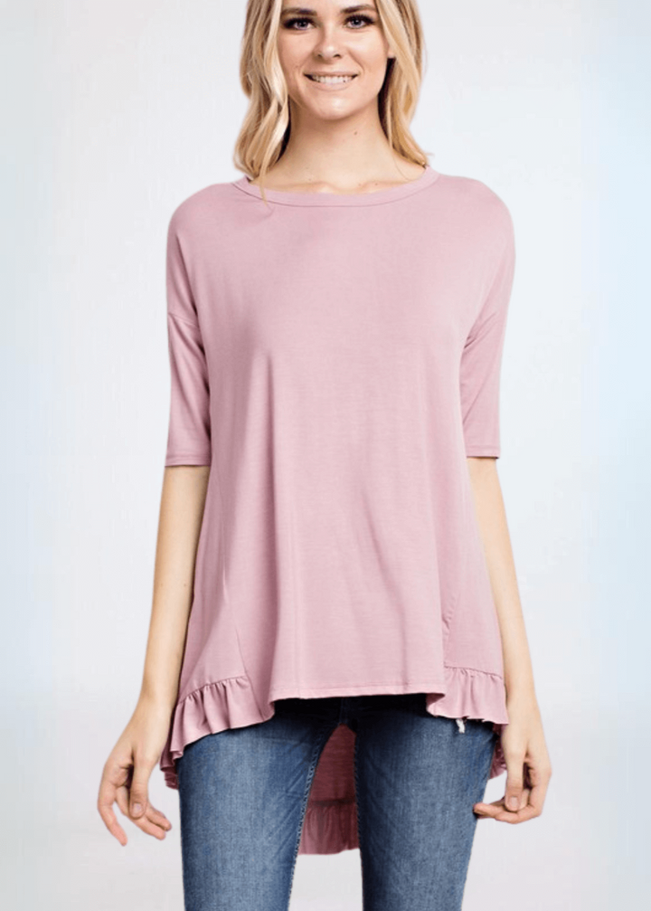 Made in USA Women's Bamboo Ruffle Hem Short Sleeve High Low Tunic Top with Boat Neckline in Dusty Rose | Classy Cozy Cool Made in America Boutique