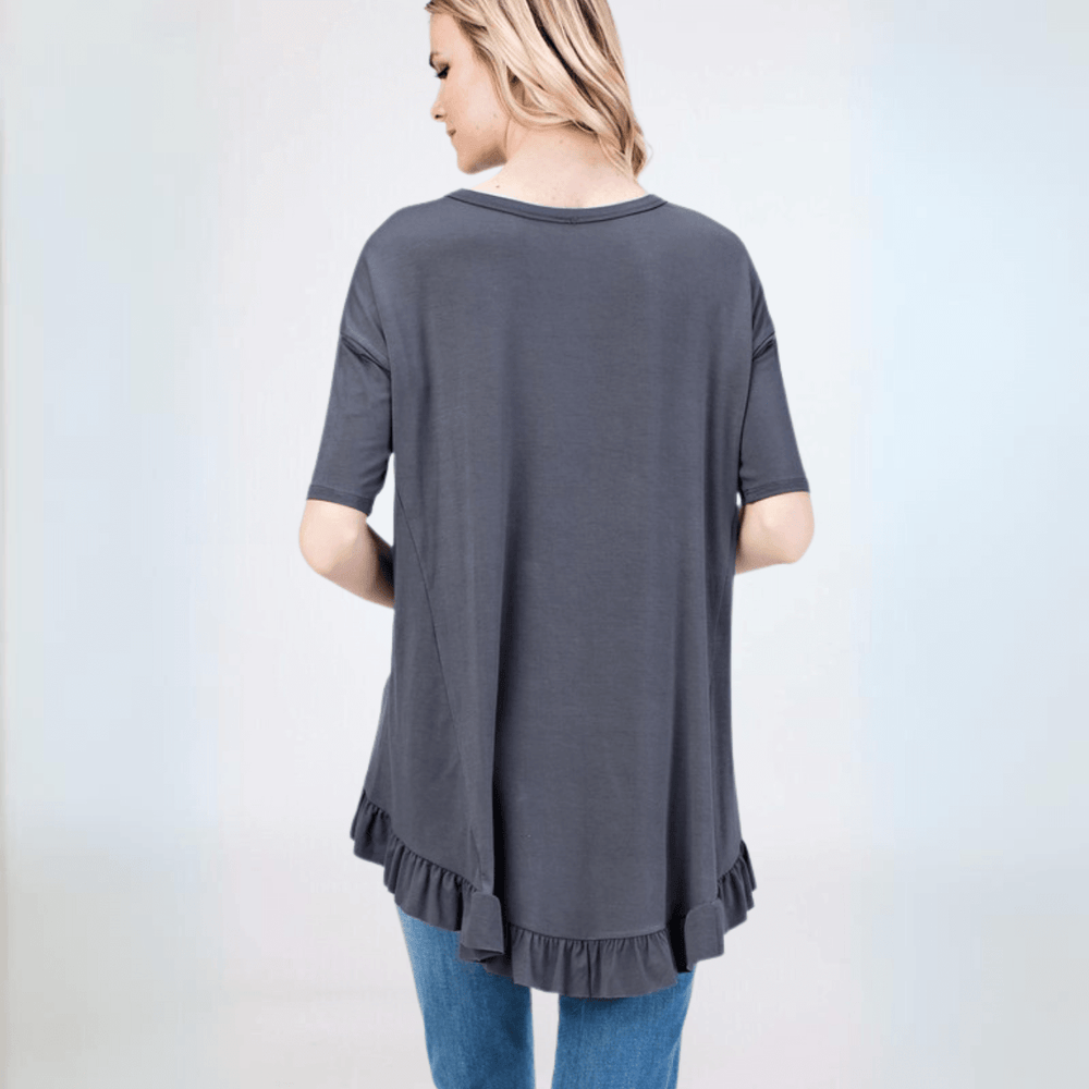 Made in USA Women's Bamboo Ruffle Hem Short Sleeve High Low Tunic Top with Boat Neckline in Charcoal | Classy Cozy Cool Made in America Boutique