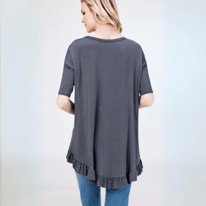 Made in USA Women's Bamboo Ruffle Hem Short Sleeve High Low Tunic Top with Boat Neckline in Charcoal | Classy Cozy Cool Made in America Boutique
