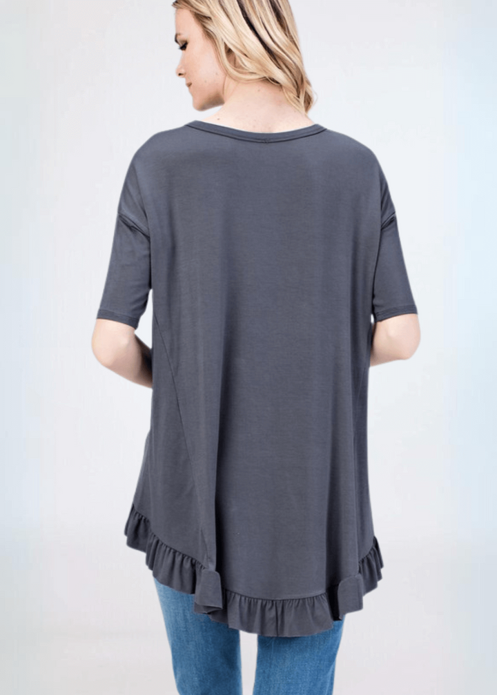 Made in USA Women's Bamboo Ruffle Hem Short Sleeve High Low Tunic Top with Boat Neckline in Charcoal | Classy Cozy Cool Made in America Boutique