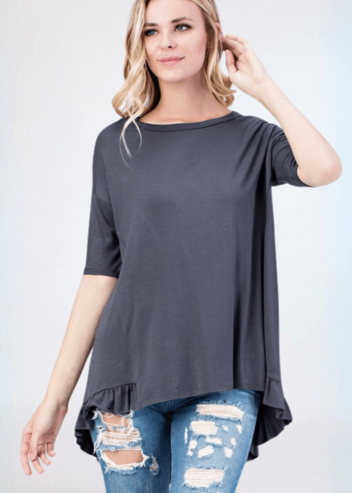 Made in USA Women's Bamboo Ruffle Hem Short Sleeve High Low Tunic Top with Boat Neckline in Charcoal | Classy Cozy Cool Made in America Boutique
