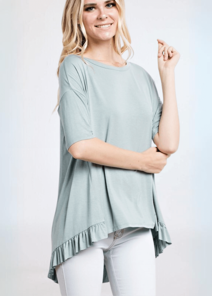 Made in USA Women's Bamboo Ruffle Hem Short Sleeve High Low Tunic Top with Boat Neckline in Light Sage | Classy Cozy Cool Made in America Boutique