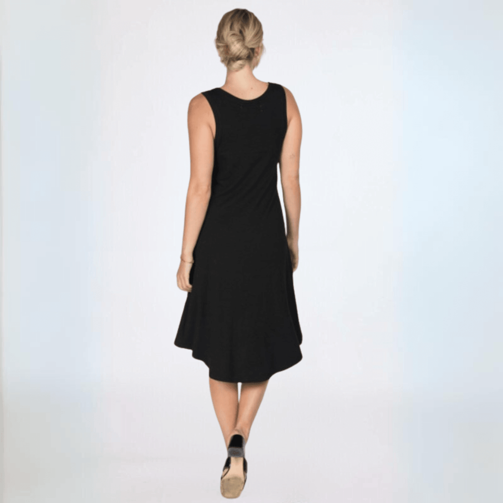 Women's A-Line High-Low Black Tank Dress with Round Neckline | Soft Material | Made in USA | Classy Cozy Cool Made in America Boutique