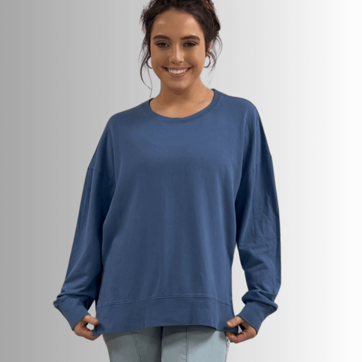 Made in USA Premium French Terry Cotton Long Sleeve Top, Made with Premium USA Cotton, Oversized Fit, Lightweight, Crew Neck in Denim Blue | Classy Cozy Cool Made in America Boutique