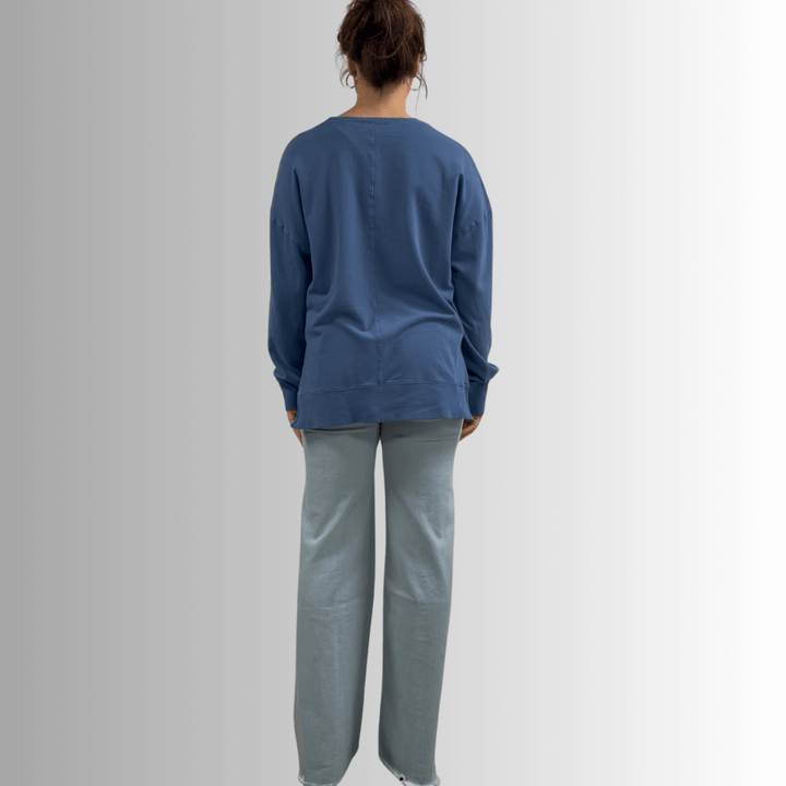 Made in USA Premium French Terry Cotton Long Sleeve Top, Made with Premium USA Cotton, Oversized Fit, Lightweight, Crew Neck in Denim Blue | Classy Cozy Cool Made in America Boutique