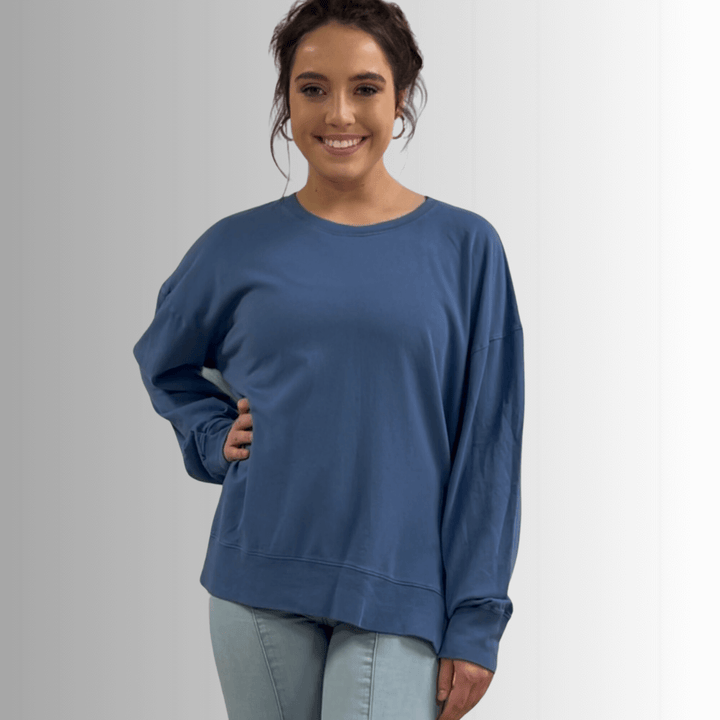 Made in USA Premium French Terry Cotton Long Sleeve Top, Made with Premium USA Cotton, Oversized Fit, Lightweight, Crew Neck in Denim Blue | Classy Cozy Cool Made in America Boutique