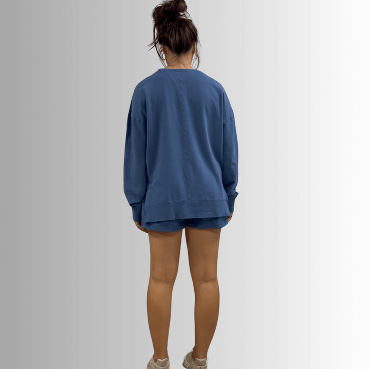Made in USA Premium French Terry Cotton Long Sleeve Top, Made with Premium USA Cotton, Oversized Fit, Lightweight, Crew Neck in Denim Blue | Classy Cozy Cool Made in America Boutique