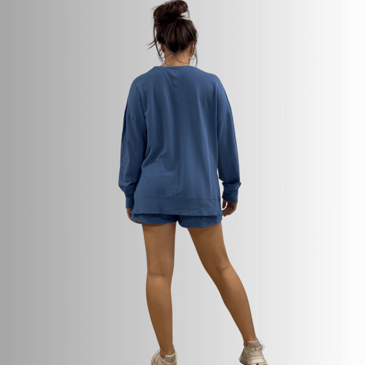 Made in USA Premium French Terry Cotton Long Sleeve Top, Made with Premium USA Cotton, Oversized Fit, Lightweight, Crew Neck in Denim Blue | Classy Cozy Cool Made in America Boutique