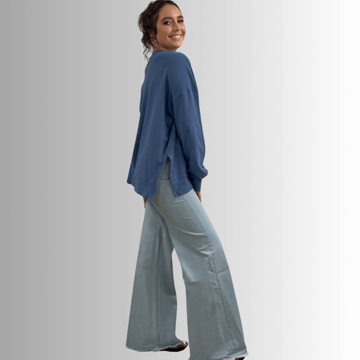 Made in USA Premium French Terry Cotton Long Sleeve Top, Made with Premium USA Cotton, Oversized Fit, Lightweight, Crew Neck in Denim Blue | Classy Cozy Cool Made in America Boutique