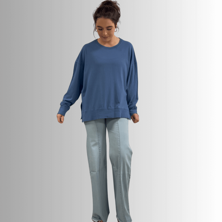 Made in USA Premium French Terry Cotton Long Sleeve Top, Made with Premium USA Cotton, Oversized Fit, Lightweight, Crew Neck in Denim Blue | Classy Cozy Cool Made in America Boutique