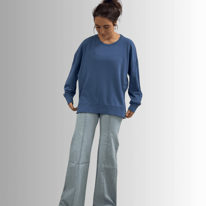 Made in USA Premium French Terry Cotton Long Sleeve Top, Made with Premium USA Cotton, Oversized Fit, Lightweight, Crew Neck in Denim Blue | Classy Cozy Cool Made in America Boutique