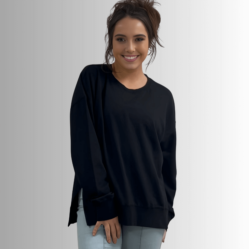 Made in USA Premium French Terry Cotton Long Sleeve Top, Made with Premium USA Cotton, Oversized Fit, Lightweight, Crew Neck in Black | Classy Cozy Cool Made in America Boutique