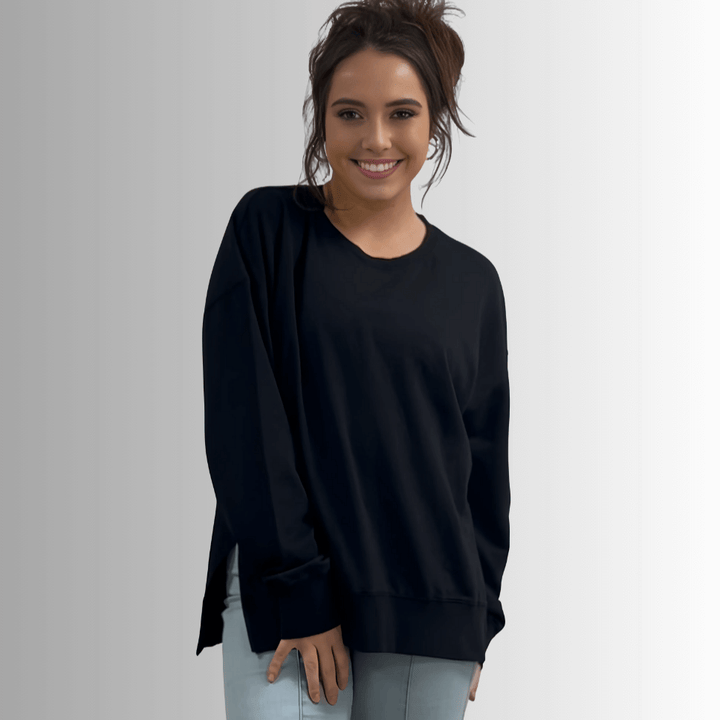 Made in USA Premium French Terry Cotton Long Sleeve Top, Made with Premium USA Cotton, Oversized Fit, Lightweight, Crew Neck in Black | Classy Cozy Cool Made in America Boutique