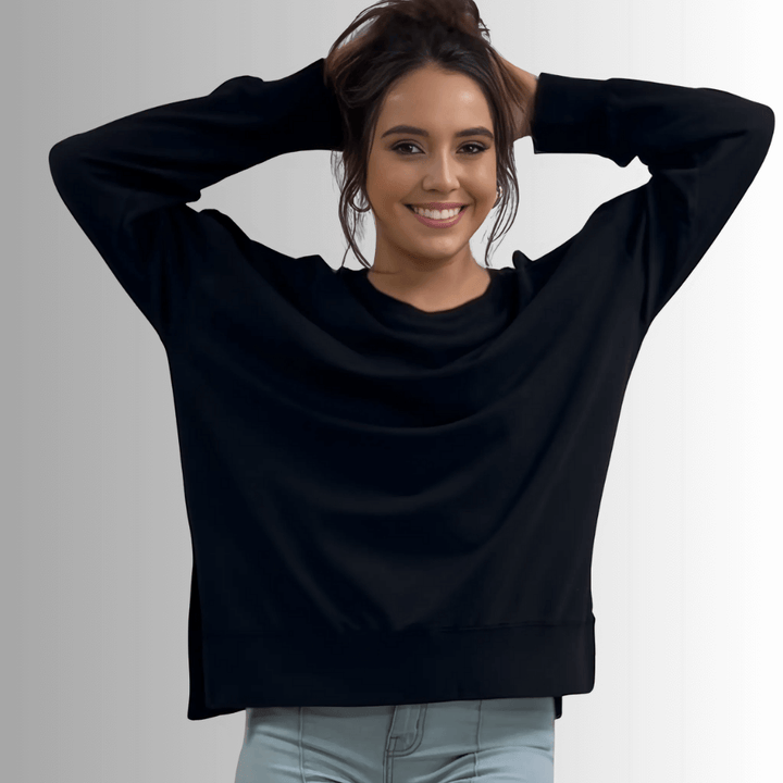 Made in USA Premium French Terry Cotton Long Sleeve Top, Made with Premium USA Cotton, Oversized Fit, Lightweight, Crew Neck in Black | Classy Cozy Cool Made in America Boutique