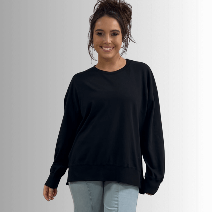 Made in USA Premium French Terry Cotton Long Sleeve Top, Made with Premium USA Cotton, Oversized Fit, Lightweight, Crew Neck in Black | Classy Cozy Cool Made in America Boutique