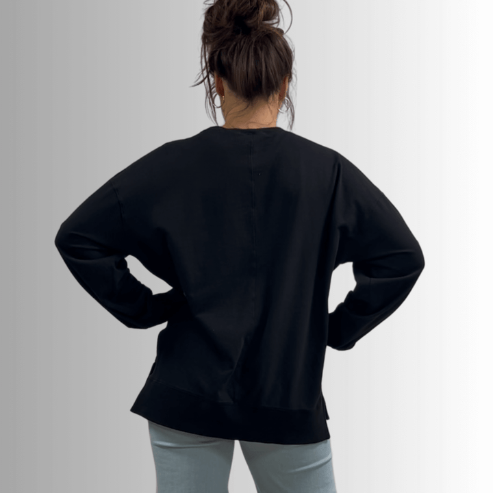 Made in USA Premium French Terry Cotton Long Sleeve Top, Made with Premium USA Cotton, Oversized Fit, Lightweight, Crew Neck in Black | Classy Cozy Cool Made in America Boutique