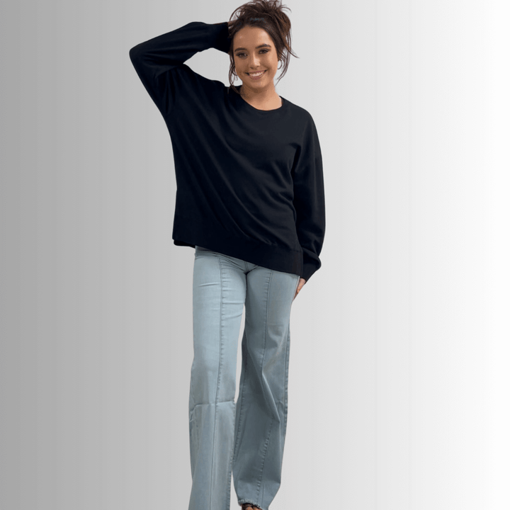 Made in USA Premium French Terry Cotton Long Sleeve Top, Made with Premium USA Cotton, Oversized Fit, Lightweight, Crew Neck in Black | Classy Cozy Cool Made in America Boutique