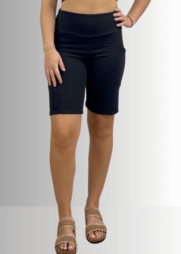 Made in USA Women's Perfect Fit Premium Tummy Control, Fitted  Walking Shorts, Large Side Pockets, Wide Waistband, Long Length in Black | 95% Cotton 5% Spandex | Style C30731 | Classy Cozy Cool Made in America Clothing