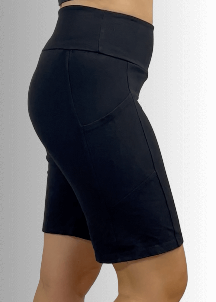 Made in USA Women's Perfect Fit Premium Tummy Control, Fitted  Walking Shorts, Large Side Pockets, Wide Waistband, Long Length in Black | 95% Cotton 5% Spandex | Style C30731 | Classy Cozy Cool Made in America Clothing