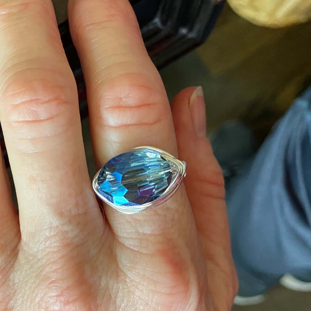 Hand Made in USA Women's Blue Crystal Silver Wire Wrap Ring Faceted to Pick Up Light in All Directions | Classy Cozy Cool Women's Made in America Boutique