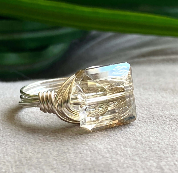 Hand Made in USA Women's Champagne Crystal Silver Wire Wrap Ring Faceted to Pick Up Light in All Directions | Classy Cozy Cool Women's Made in America Boutique