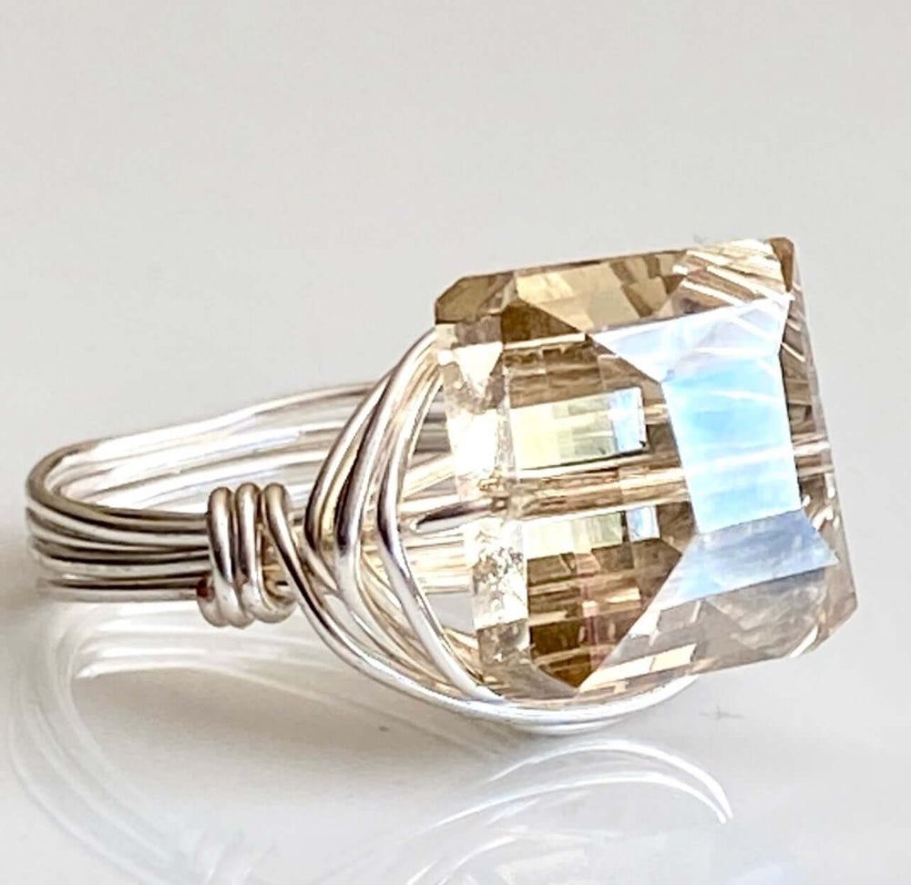 Hand Made in USA Women's Champagne Crystal Silver Wire Wrap Ring Faceted to Pick Up Light in All Directions | Classy Cozy Cool Women's Made in America Boutique