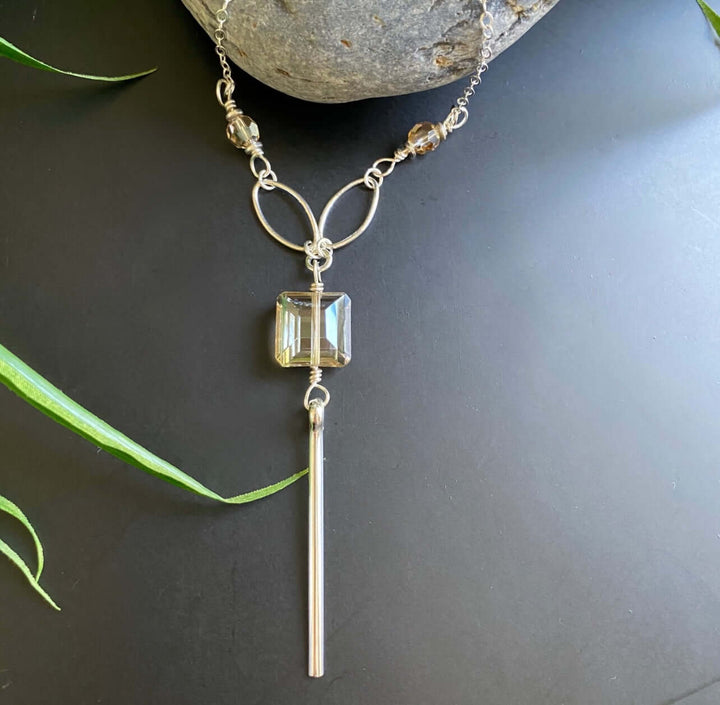 Handmade in USA by Local Artisan Women's Crystal Drop Bar Necklace with Silver Chain Faceted to Pick Up Light in All Directions | Classy Cozy Cool Women's Made in America Boutique