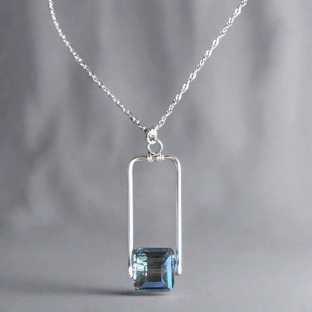 Hand Made in USA Women's Artisan Crafted Forged Rectangle Pendant with Blue Crystal with silver Chain | Classy Cozy Cool Women's Made in America Boutique