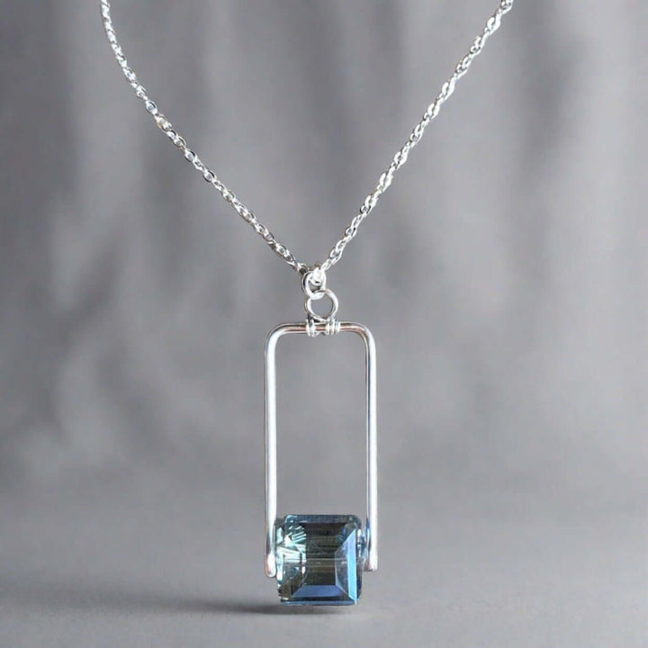 Hand Made in USA Women's Artisan Crafted Forged Rectangle Pendant with Blue Crystal with silver Chain | Classy Cozy Cool Women's Made in America Boutique