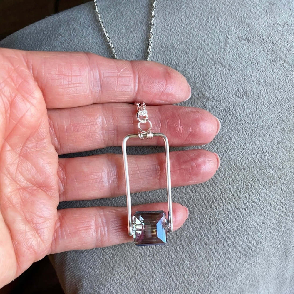 Hand Made in USA Women's Artisan Crafted Forged Rectangle Pendant with Blue Crystal with silver Chain | Classy Cozy Cool Women's Made in America Boutique