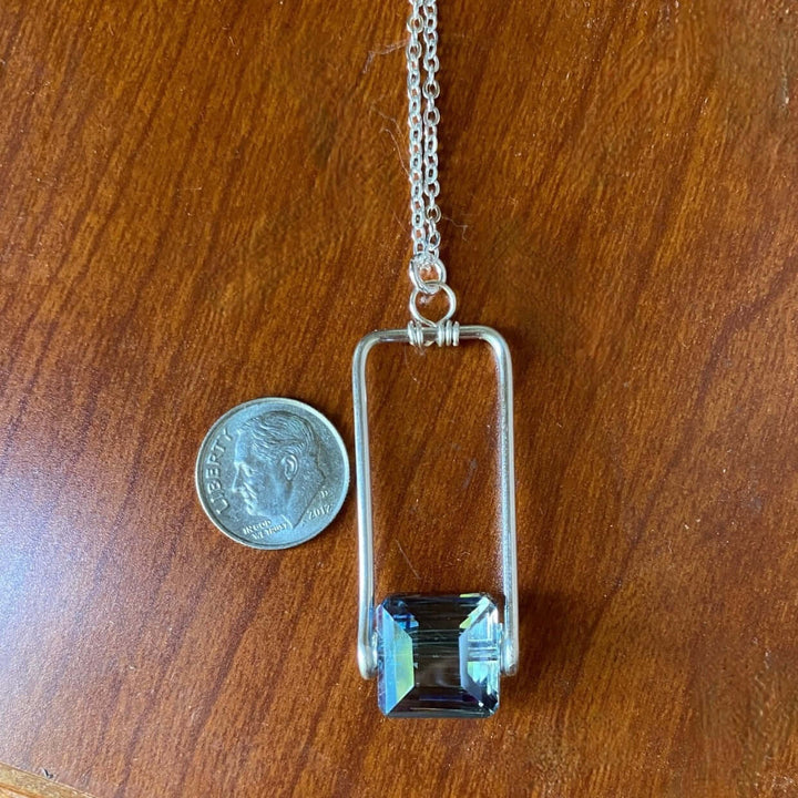 Hand Made in USA Women's Artisan Crafted Forged Rectangle Pendant with Blue Crystal with silver Chain | Classy Cozy Cool Women's Made in America Boutique