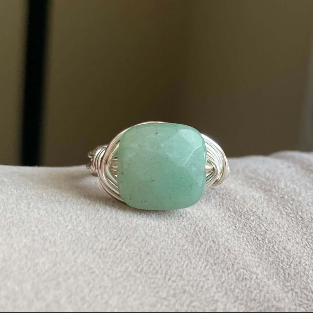 Hand Made in USA Women's Aventurine Green Natural Stone Silver Wire Wrap Ring Crafted by Local Artisan | Classy Cozy Cool Women's Made in America Boutique