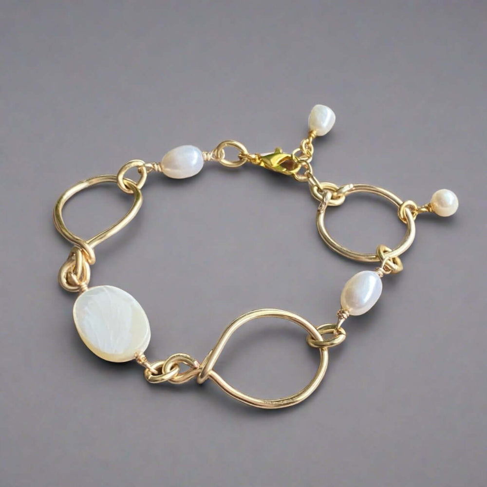 Hand Made in USA Women's Mother of Pearl and Freshwater Pearls Eternity Bracelet Made by Local Artisan | Classy Cozy Cool Women's Made in America Boutique