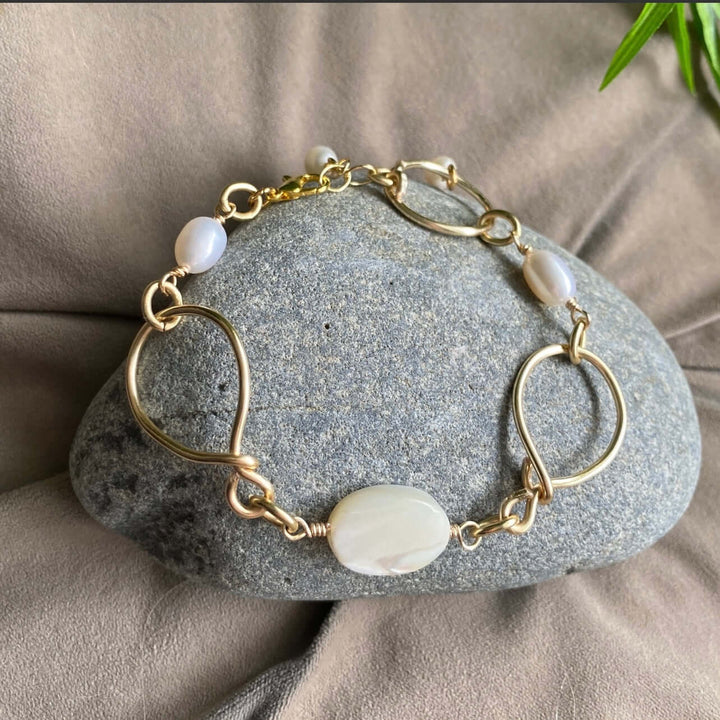 Hand Made in USA Women's Mother of Pearl and Freshwater Pearls Eternity Bracelet Made by Local Artisan | Classy Cozy Cool Women's Made in America Boutique